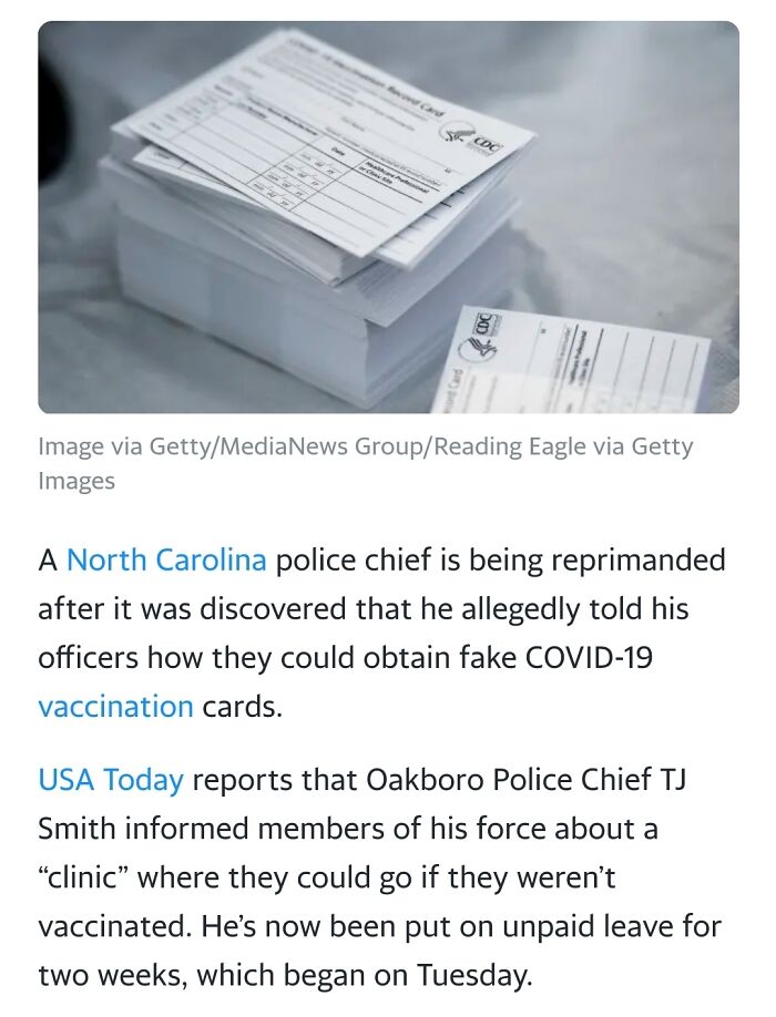 North Carolina Police Chief On Unpaid Leave After Reportedly Showing Officers How To Obtain Fake Vaccine Cards