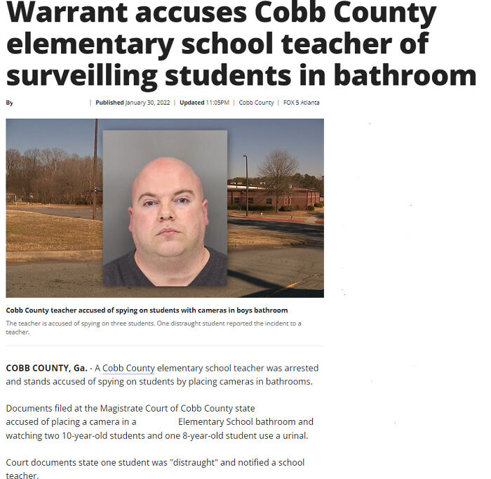 Elementary School Teacher Gets Caught Watching Students In A Bathroom On A Hidden Camera