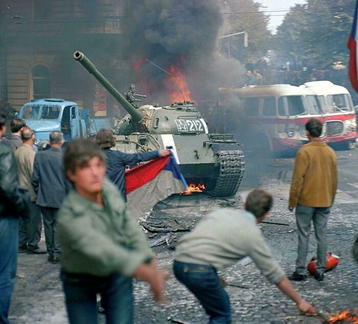 Prague Residents Throwing Molotov Cocktails At A Soviet Tank In Prague, August 21, 1968