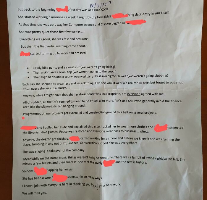 This Was The Leaving Speech Given By The Head Of Hr To My Partner In Front Of 30 Of The Staff...she Even Printed It Out. Two Company Directors Present Who Did Nothing But Stood And Laughed. What The Actual F**k