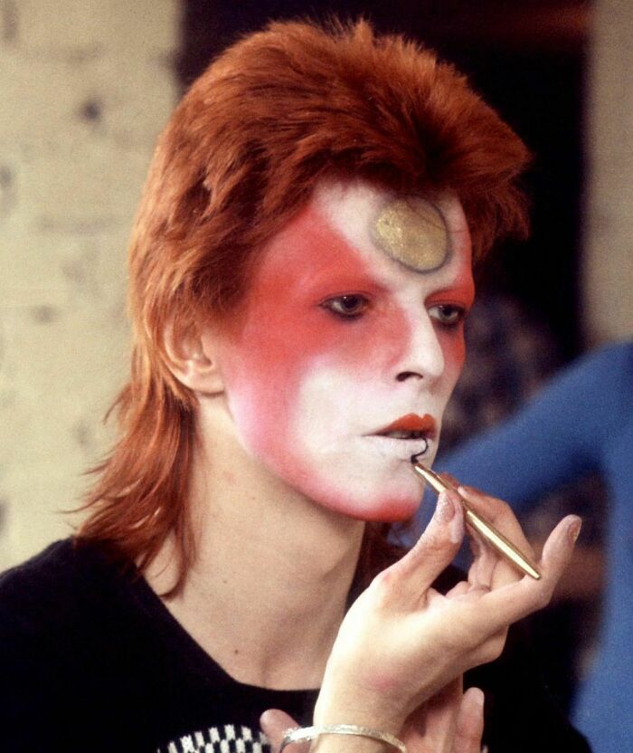David Bowie Applying His Ziggy Stardust Makeup Backstage, 1973 (By Roger Bamber)