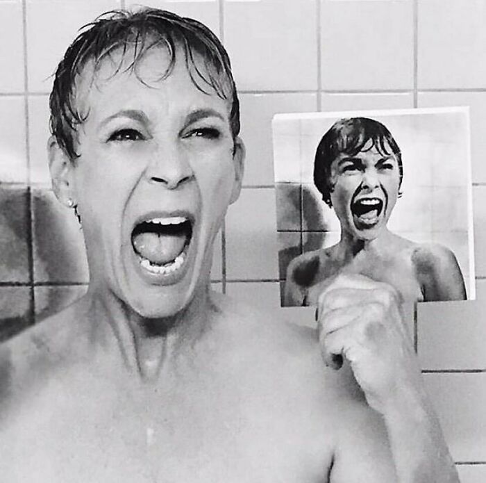 Jamie Lee Curtis Recreating The Iconic Shower Scene From The Movie “Psycho” (1960) That Starred Her Mother, Janet Leigh