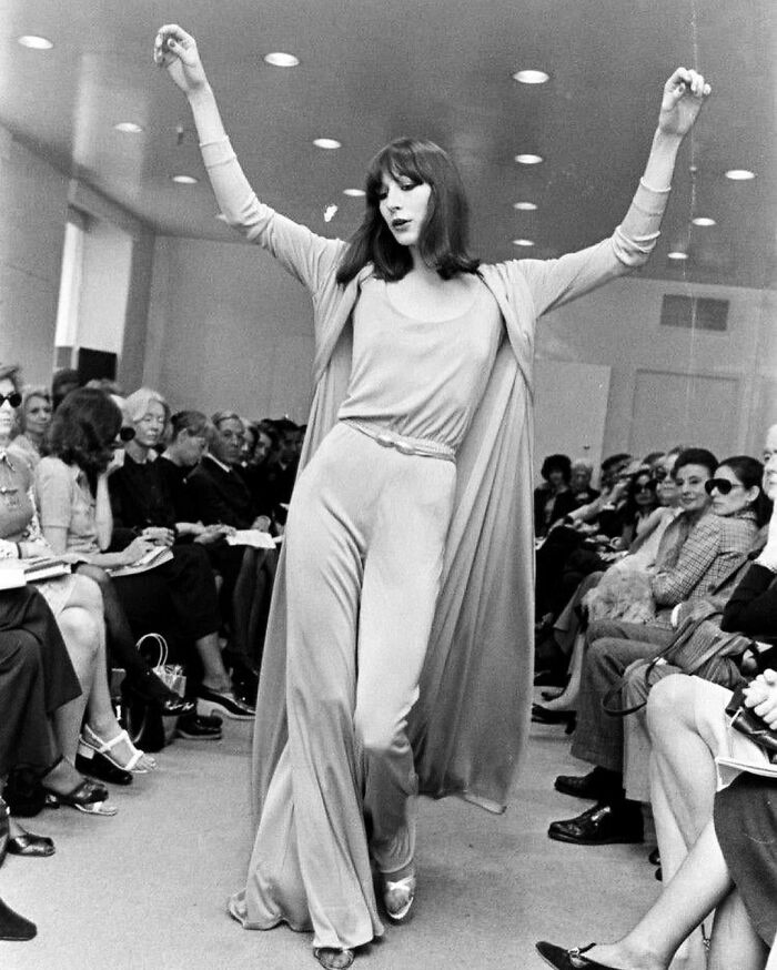 Anjelica Huston Modeling At Halston's Fall Ready-To-Wear Collection In 1972