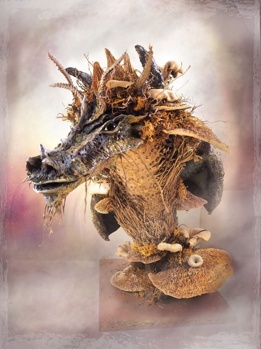 Dragon Made From A Bamboo Root, Lots Of Natural Materials, And Airdrying Clay Made With Sawdust