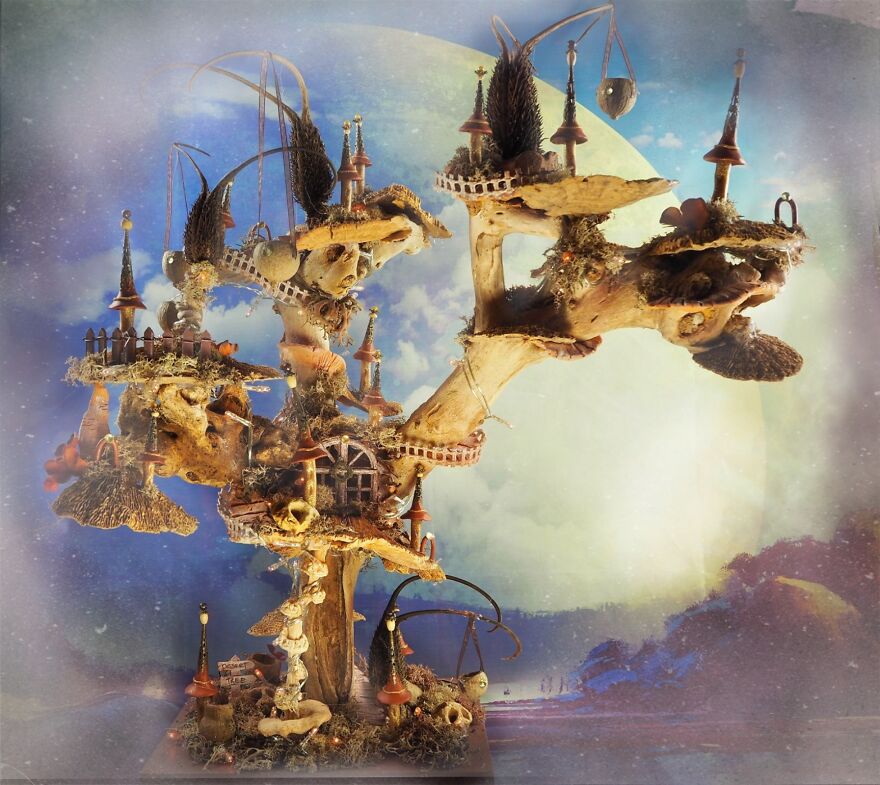 Fairy Houses In A Tree. Made With, Well We Call Them Birdfruits, But They Probably Have A Formal Name. There Very Prickly And Sharp, But I Love Their Shape