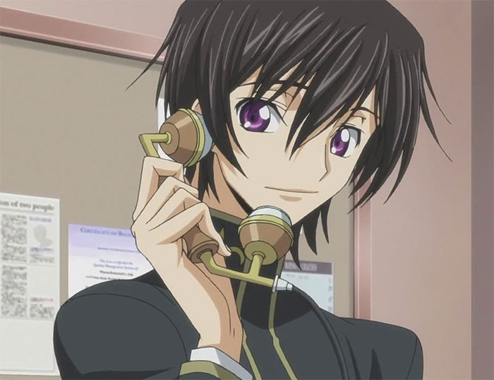 Lelouch Lamperouge wearing black clothes holding phone and smiling
