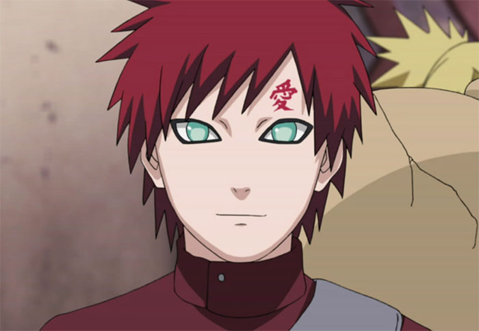 Gaara wearing red clothes and smiling