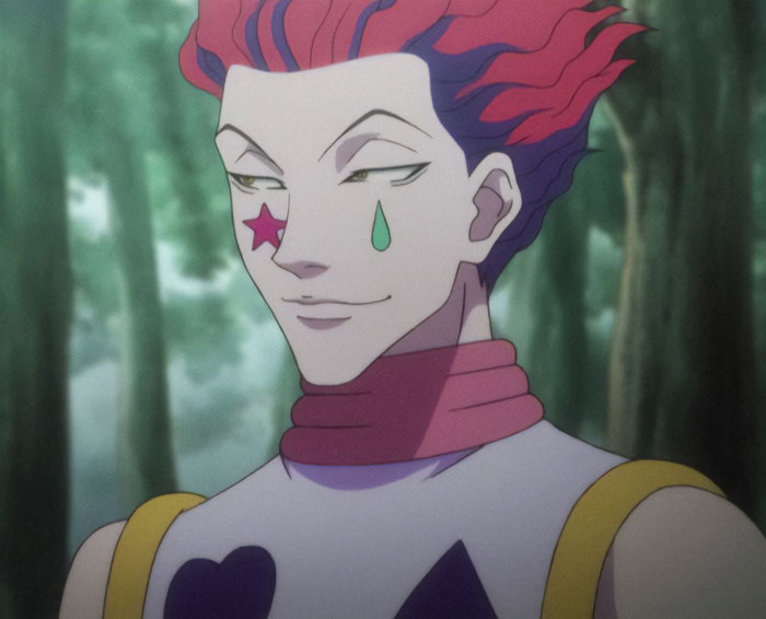 Hisoka wearing white clothes with tattoos on face