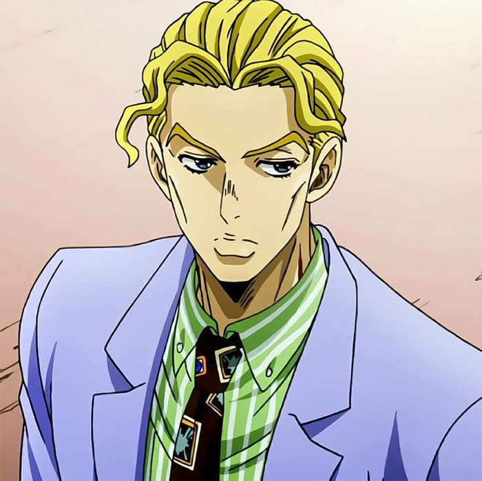 Yoshikage Kira wearing purple suit and green shirt