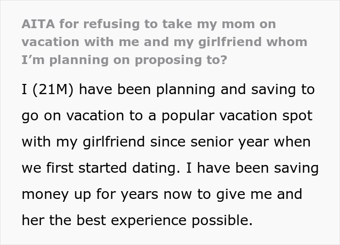 Guy Plans To Pop The Question During A Long-Awaited Vacation, Mother Throws A Tantrum Because He Refused To Take Her