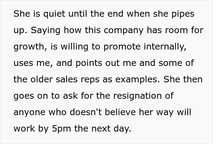 New Manager “Asks For The Resignation Of Anyone Who Doesn't Believe Her Way Will Work By 5 PM The Next Day”, Sales Rep Team Resigns On The Spot New Manager “Asks For The Resignation Of Anyone Who Doesn't Believe Her Way Will Work By 5 PM The Next Day”, Sales Rep Team Resigns On The Spot