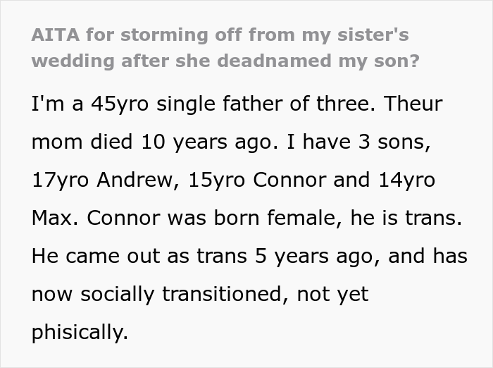 “Am I The Jerk For Storming Off From My Sister’s Wedding After She Deadnamed My Son?”