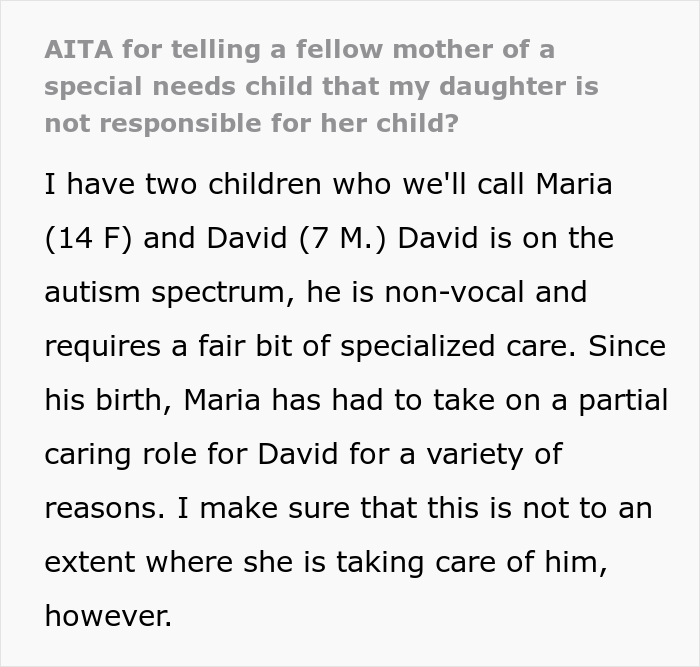 “AITA For Telling A Fellow Mother Of A Special Needs Child That My Daughter Is Not Responsible For Her Child?” “AITA For Telling A Fellow Mother Of A Special Needs Child That My Daughter Is Not Responsible For Her Child?”