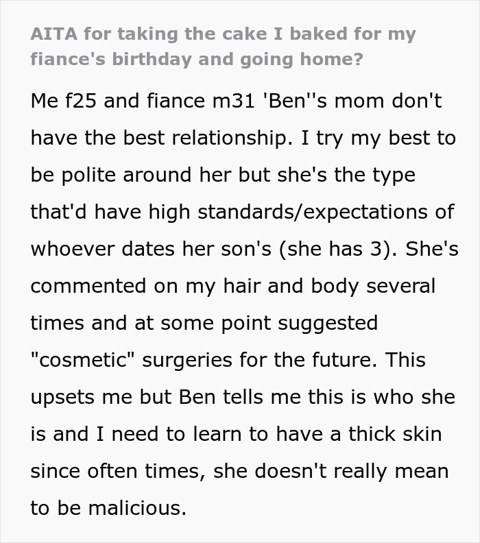Woman Asks Folks Online If She’s A Jerk For Taking The Cake She Baked For Her Fiance And Leaving His B-Day Party After His Mom Stole Her Thunder Woman Asks Folks Online If She’s A Jerk For Taking The Cake She Baked For Her Fiance And Leaving His B-Day Party After His Mom Stole Her Thunder