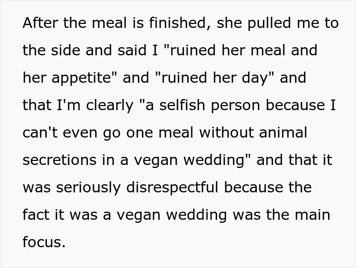  Woman Brings Her Own Food To A Vegan Wedding Because The Couple Didn't Want To Cater To Her Specific Diet, Drama Ensues