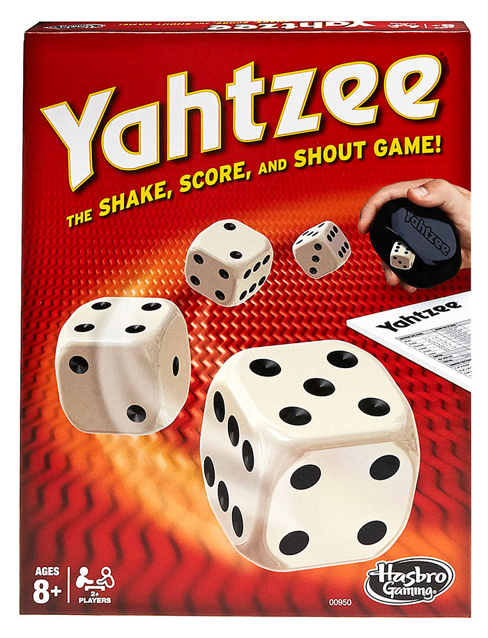 Yahtzee board game box with dice and scorecard, a classic best board games option for a night in.