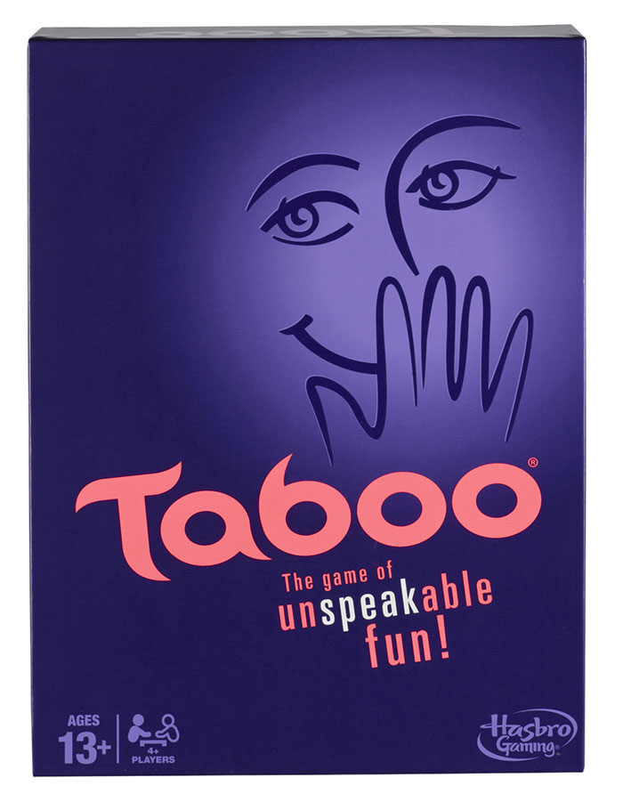 Taboo board game box in purple with orange text, recommended for 4 or more players, ideal for best board games nights in.