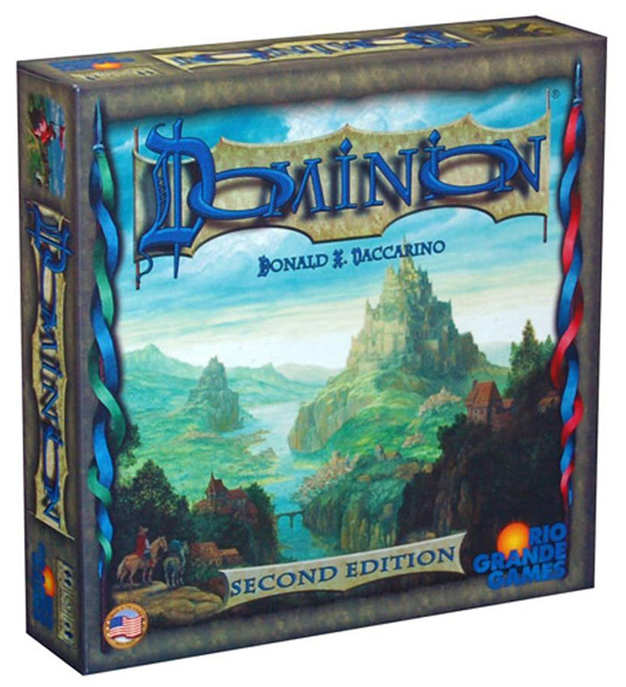 Dominion board game box featuring fantasy landscape artwork, ideal for best board games to play on a night in.