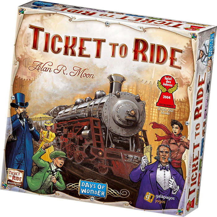 Ticket to Ride board game box featuring a vintage train, ideal for fun board games for kids entertainment.