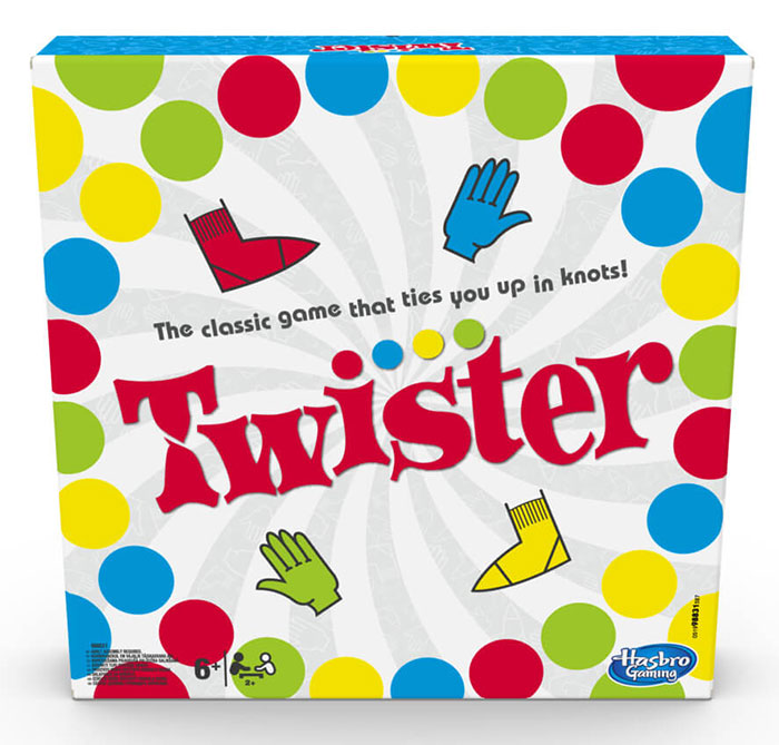 Twister board game box featuring colorful circles and hand and foot icons for fun board games for kids entertainment.