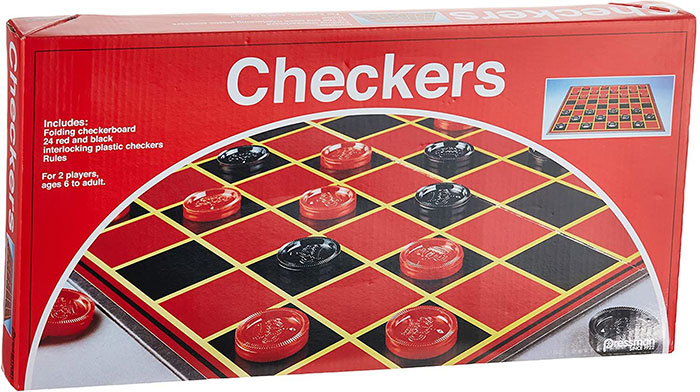 Checkers board game box featuring red and black plastic pieces, a folding checkerboard, a classic kids board game for hours of fun.