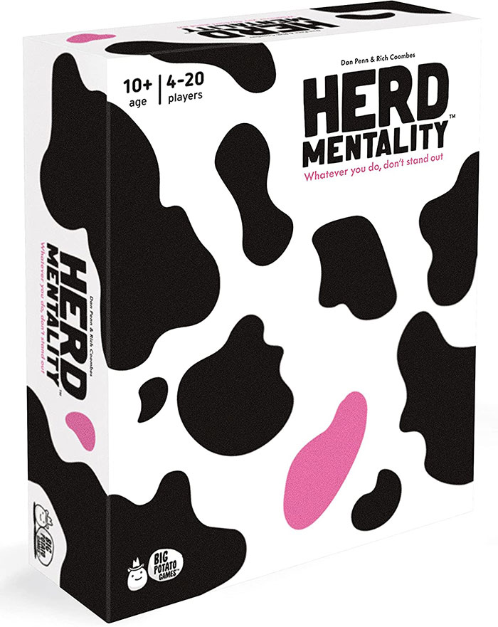 Herd Mentality board game box with cow print design for kids aged 10 and up, fun board game for hours of entertainment.