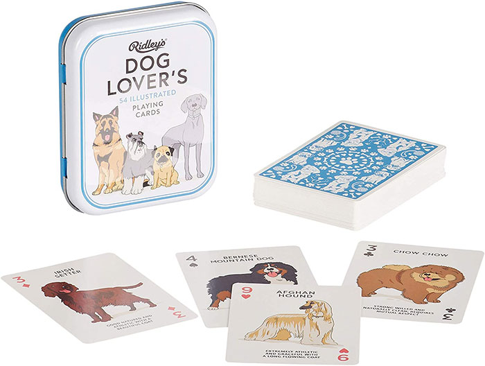 Dog lover's illustrated playing cards featuring various dog breeds, a fun board game for kids entertainment.