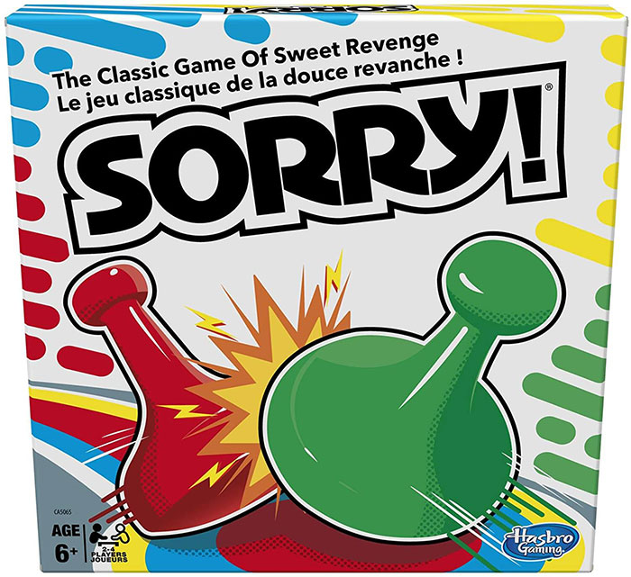 Sorry board game box with colorful game pieces, a fun board game for kids to stay entertained for hours.