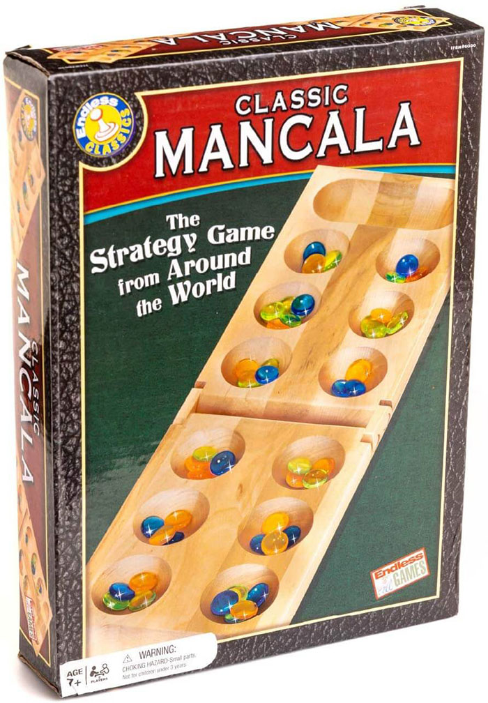 Classic Mancala board game with colorful glass beads, a fun strategy board game for kids to keep entertained for hours.