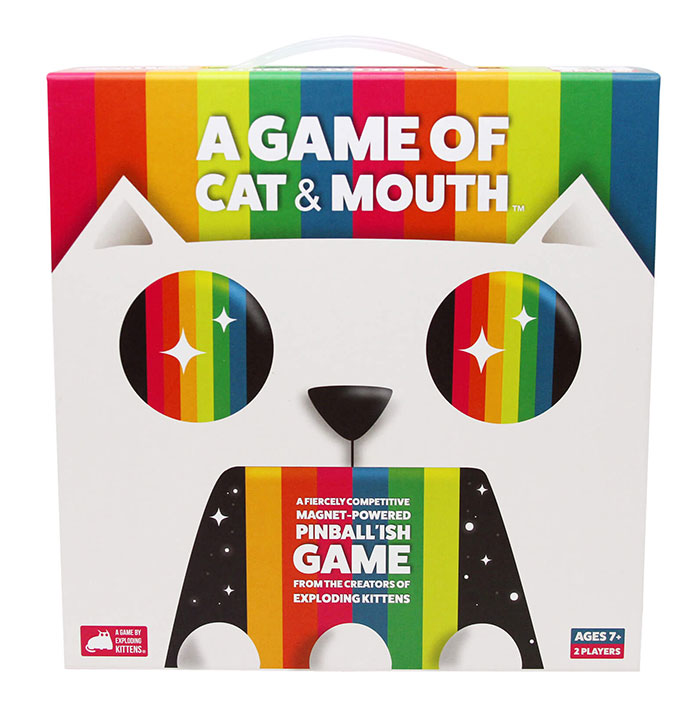 Colorful board game box featuring A Game of Cat & Mouth, a fun board game for kids ages 7 and up with magnetic pinball play.