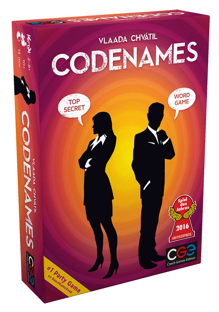 Box of the board game Codenames featuring a secret agent theme, ideal for fun board games for kids entertainment.