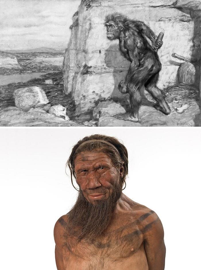 Reconstrucción anticuada de un neandertal vs. Reconstrucción científicamente precisa de un neandertal