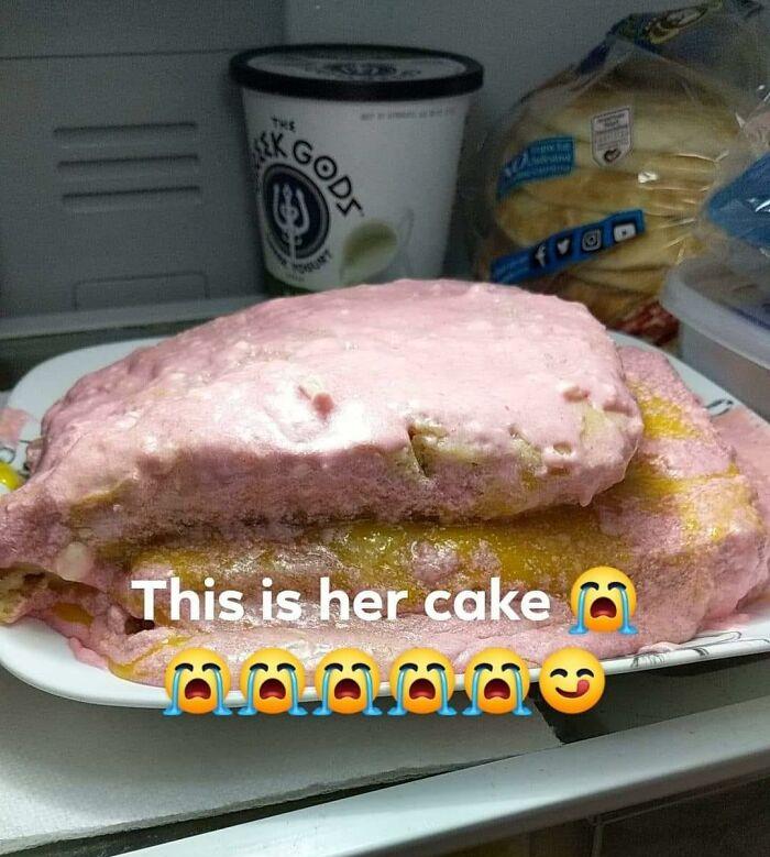 Made My Wife A Birthday Cake From Scratch. Lemon Cake With Raspberry Frosting. Didn't Know You Were Supposed To Let The Cake Cool