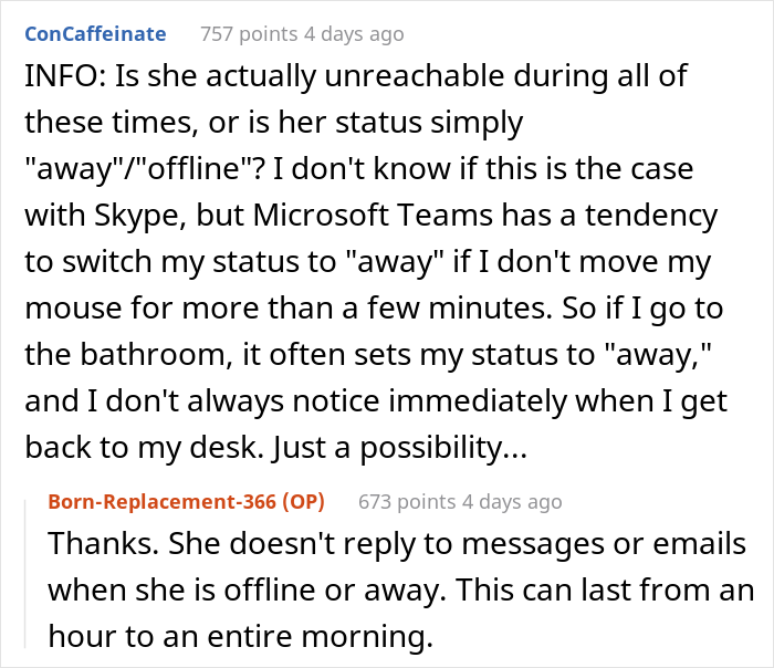 Boss Believes That Employee Is Not Doing Her Duties While Working From Home, Calls Her Out As She Can Be Offline For Up To An Hour Boss Believes That Employee Is Not Doing Her Duties While Working From Home, Calls Her Out As She Can Be Offline For Up To An Hour
