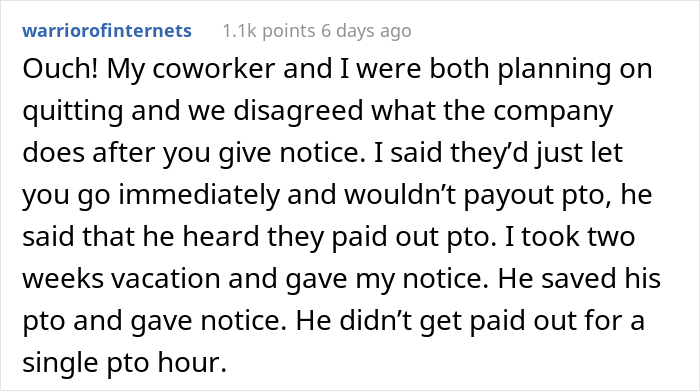 Loyal Employee Decides To Never Give His Employers 2 Weeks Notice About Leaving A Job After A Company Refused To Pay Him For His Unused PTO