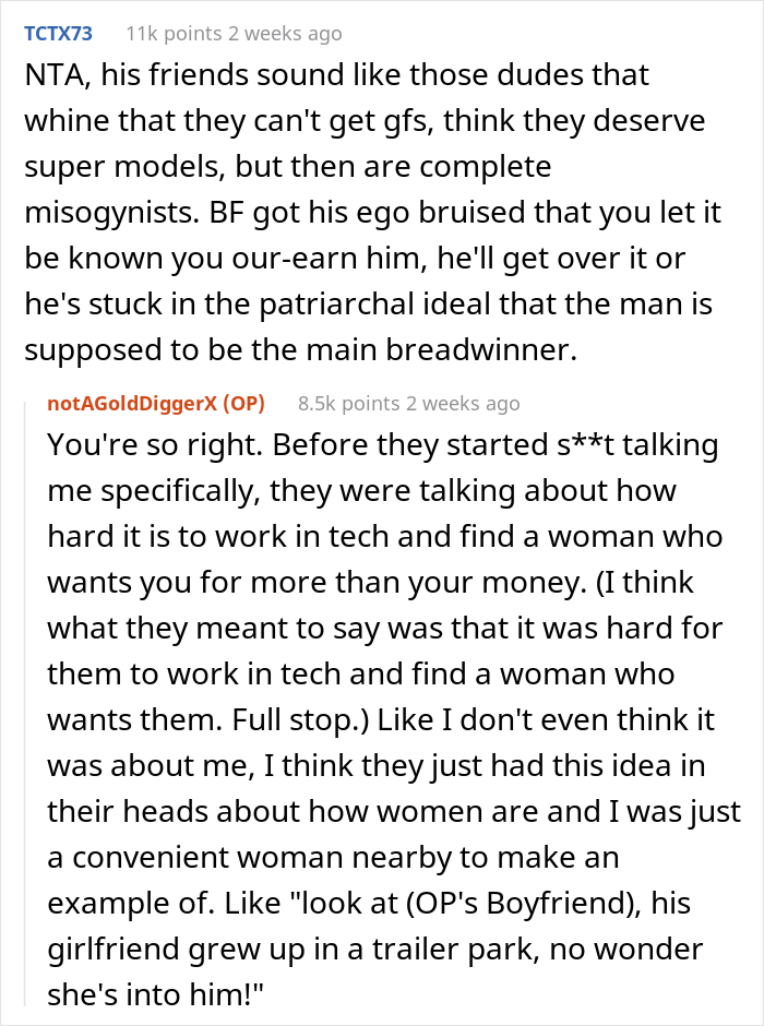 Woman Puts Boyfriend’s Mates In Their Place By Revealing She Makes Twice His Salary After They Called Her A Gold Digger Woman Puts Boyfriend’s Mates In Their Place By Revealing She Makes Twice His Salary After They Called Her A Gold Digger