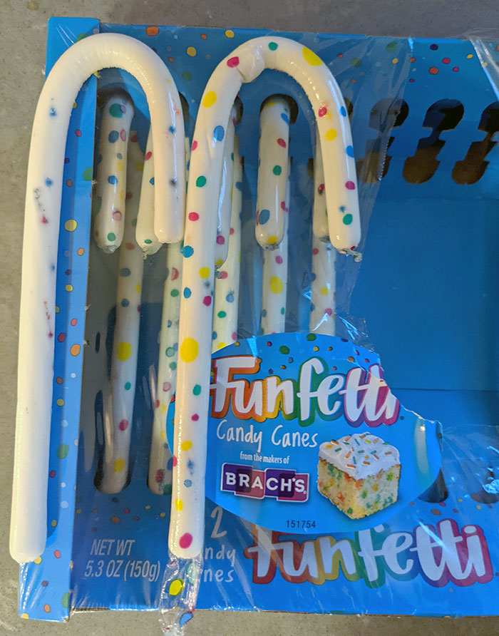 Funfetti Candy Canes. Unwrapped (Left) vs. Wrapped (Right)