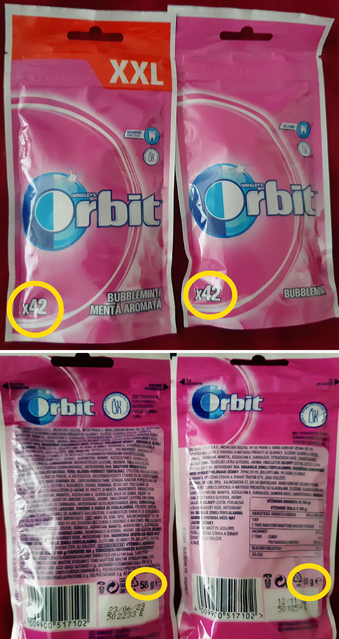 Orbit's New "XXL" Packaging vs. Old "Normal" Packaging. Same Content - 42 Gums, 58 G