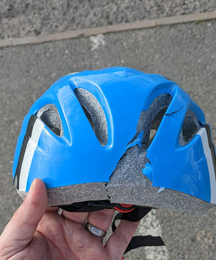 My Son's Helmet After We Took A Tumble This Afternoon. He Is Totally Fine, But I Hate To Think What Would Have Happened If He Wasn't Wearing One