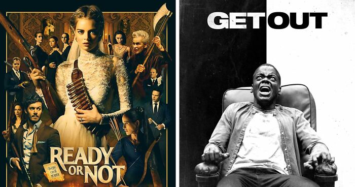 Posters of dark comedy movies Ready or Not and Get Out featuring intense and suspenseful scenes from top dark comedy movies.