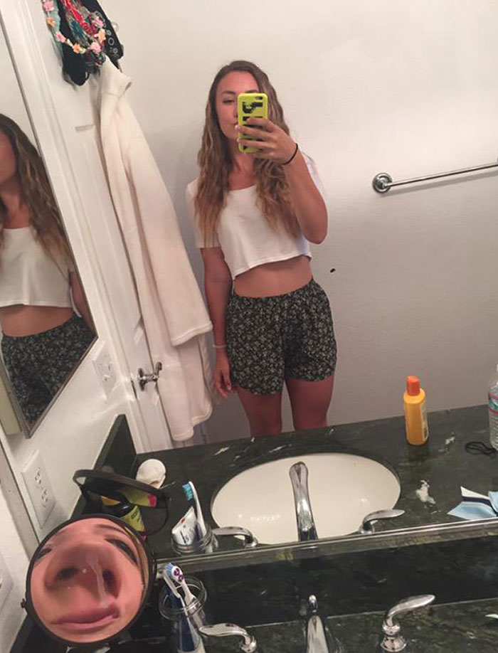 Friend Tried To Take A Mirror Selfie. Look Closely