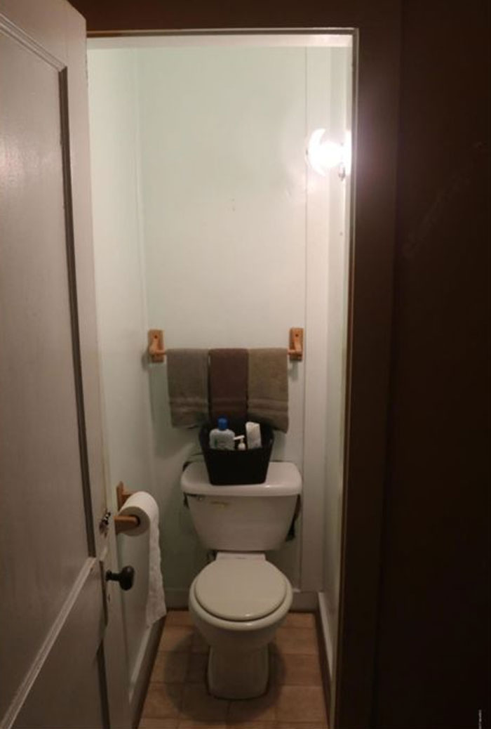 This Was The First House I Lived In With My Husband. We Bought It With This Random Working Toilet In The Hole In The Wall Leading To The Basement. The Door You See Is For The Stairs To The Basement, Not The "Bathroom." And They Had The Nerve To Call This A "Half Bath" On The Listing