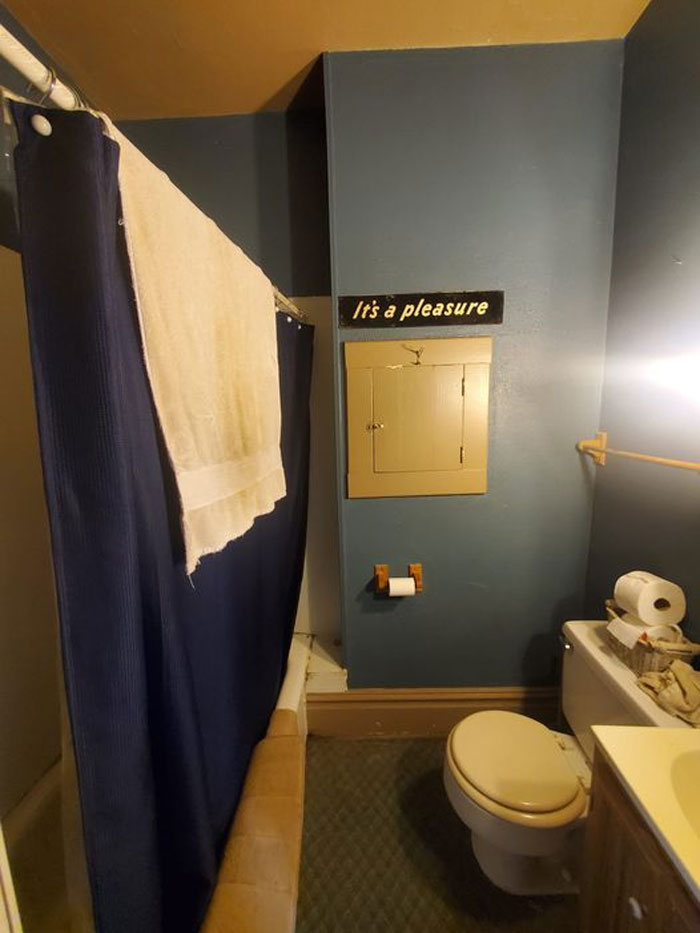 This Is The Downstairs Bathroom In The House I Just Bought... It's A Pleasure 😅 Lol Seriously Can't Wait To Redo This Whole Bathroom. And To Answer Everyone's Questions: That's A Laundry Chute And My Camera Angle Makes The Toilet Look Wide. My Bad