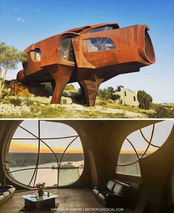 This Is In A Community In Ransom Canyon, Outside Of Lubbock Texas. Not Really Shaming But It’s Completely Crazy And Interesting And I Don’t Think Living There Is Really An Option. Ot Was Unfinished Forever After The Owner Passed, It Is Now Going To Be A Vrbo. It Was Designed By Metal Sculptor Robert Bruno. I’ll Put The Link In The Comments