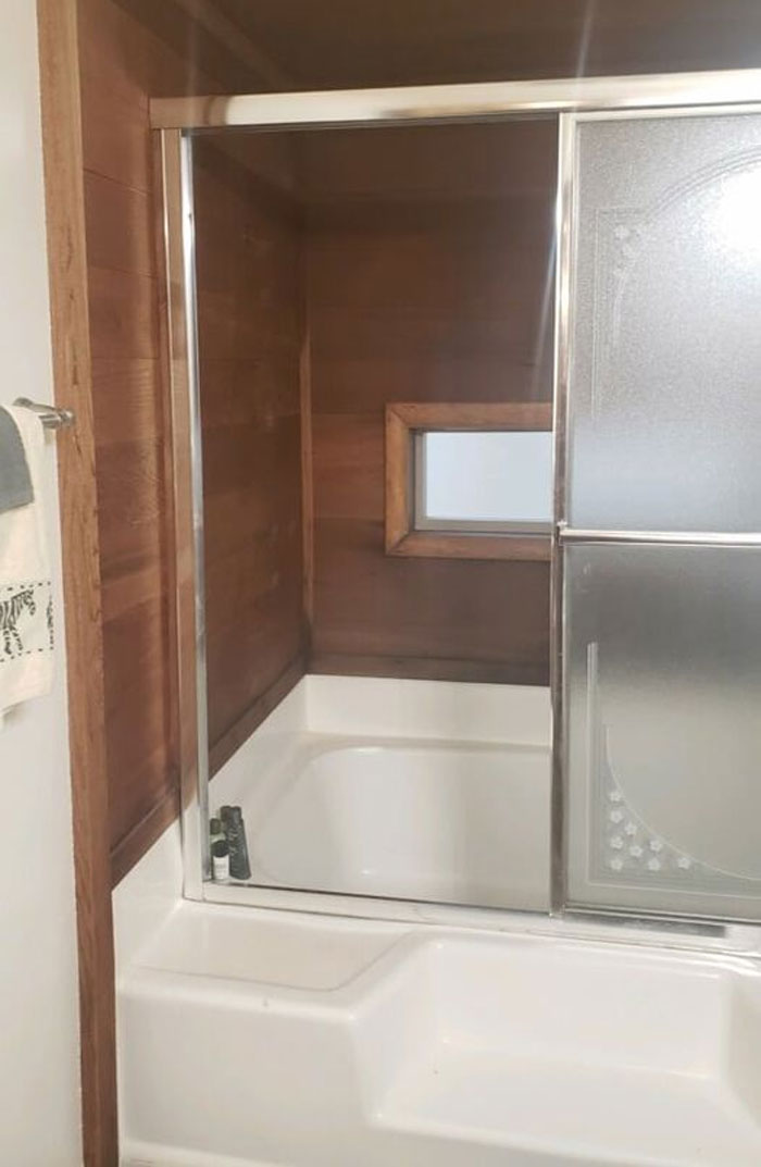 Typically I Am Writing Some Backstory Narrative For A Post, But Today I Am Asking For Yours. This Is A Bathroom In A Home I Just Purchased. It Is Lined Entirely In 1977 Cedar In The Shower/Bath. Both Awkward And Unappealing It Brings The Trifecta Home With Laying Some Visual Smell On The Table