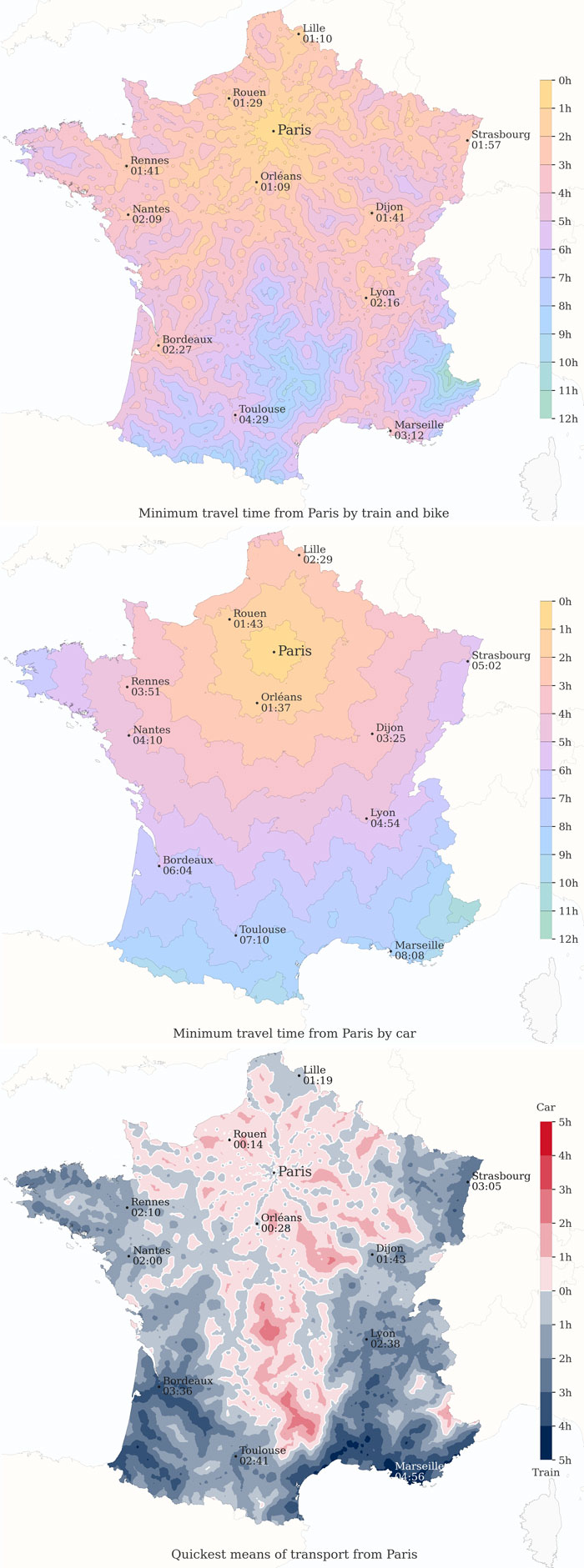 Minimum Travel Time From Paris By Train & Bike And Comparison To Car