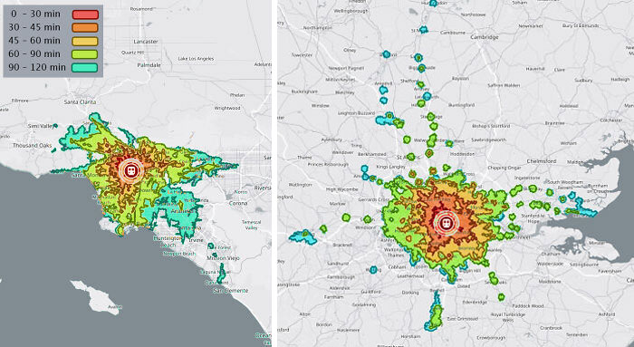 How Far Can You Travel Via Public Transport In X Minutes, In London Or LA