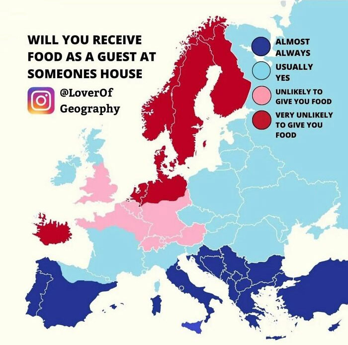 For Couchsurfers And Vagabonds In Europe, Here's An Interesting Map Showing Which Countries Are Most Likely To Offer You Food As A Guest In Their House