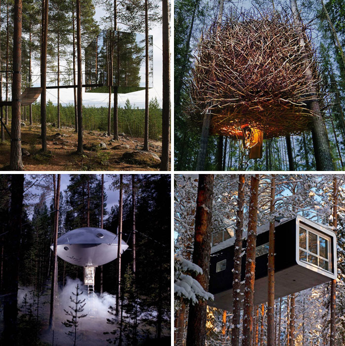 El treehotel, con habitaciones en árboles con un diseño contemporáneo en la región de Harads, cerca del río Lule, Suecia