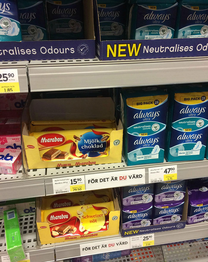 En Suecia ponen los chocolates junto a las compresas